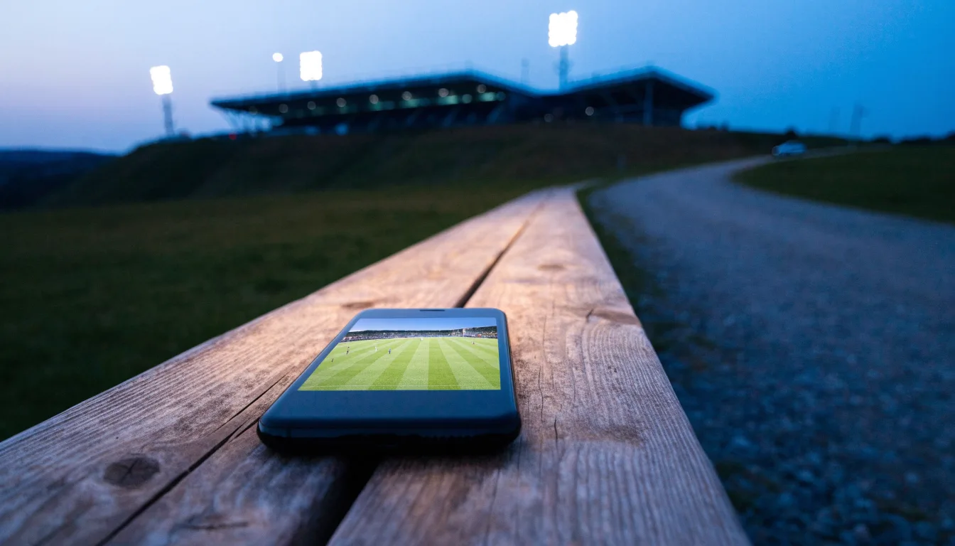 Ein Stadion unter Flutlicht, von einer Anhöhe aus gesehen, davor ein stiller Weg in der Dämmerung.