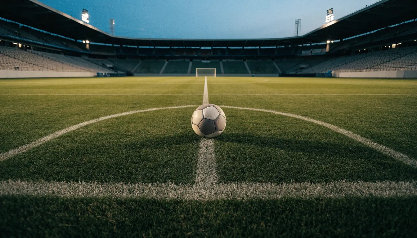 Ein Fußball liegt auf dem Anstoßpunkt eines leeren Rasenplatzes, im Hintergrund ein Stadion unter Flutlicht in der Abenddämmerung.