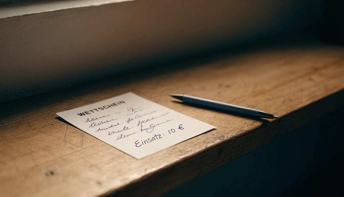Ein leerer Wettschein aus Papier liegt neben einem Stift auf einer hölzernen Theke, weiches Licht fällt von der Seite ein.