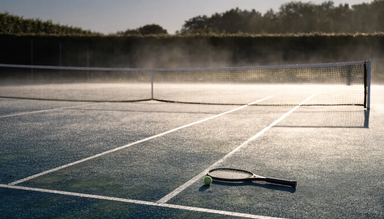 Ein Tennisplatz im Morgengrauen, das Netz und die Linien liegen im Tau, im Hintergrund leichter Nebel und kein Mensch zu sehen.