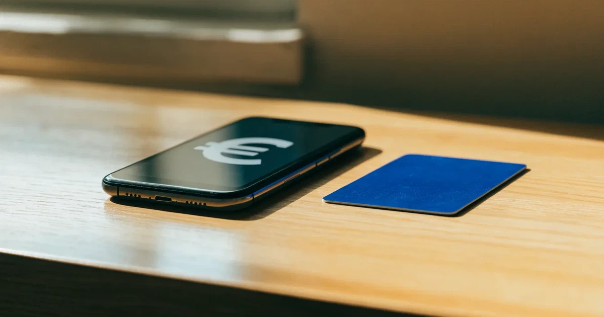 Ein Smartphone mit dunklem Display liegt neben einer schlichten Plastikkarte ohne Aufdruck auf einem hellen Schreibtisch.