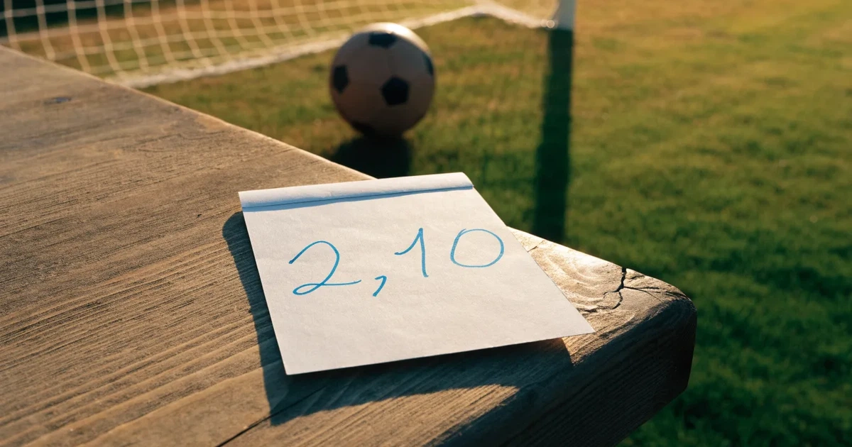 Ein verschlossener leerer Briefumschlag liegt neben einem Fußball auf grünem Rasen im warmen Licht des Nachmittags.