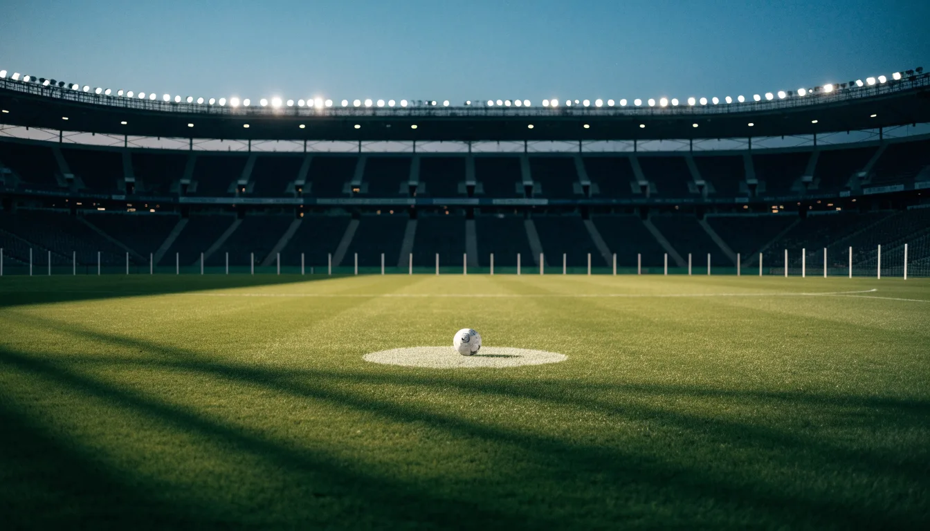 Ein Fußball liegt auf dem Anstoßpunkt eines leeren Rasenplatzes, im Hintergrund steht ein Stadion unter Flutlicht in der Dämmerung.