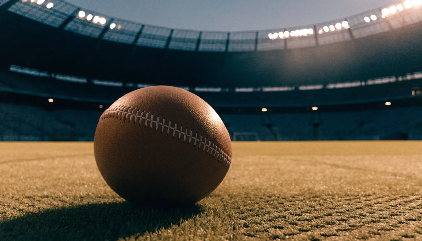 Ein Fußball liegt auf dem Rasen eines leeren Platzes, im Hintergrund ein Stadion unter Flutlicht in der Abenddämmerung.