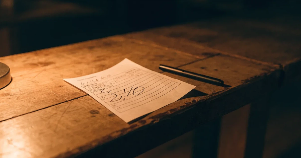 Ein leerer Wettschein aus Papier liegt neben einem Stift auf einer hölzernen Theke, weiches Licht fällt von der Seite ein.