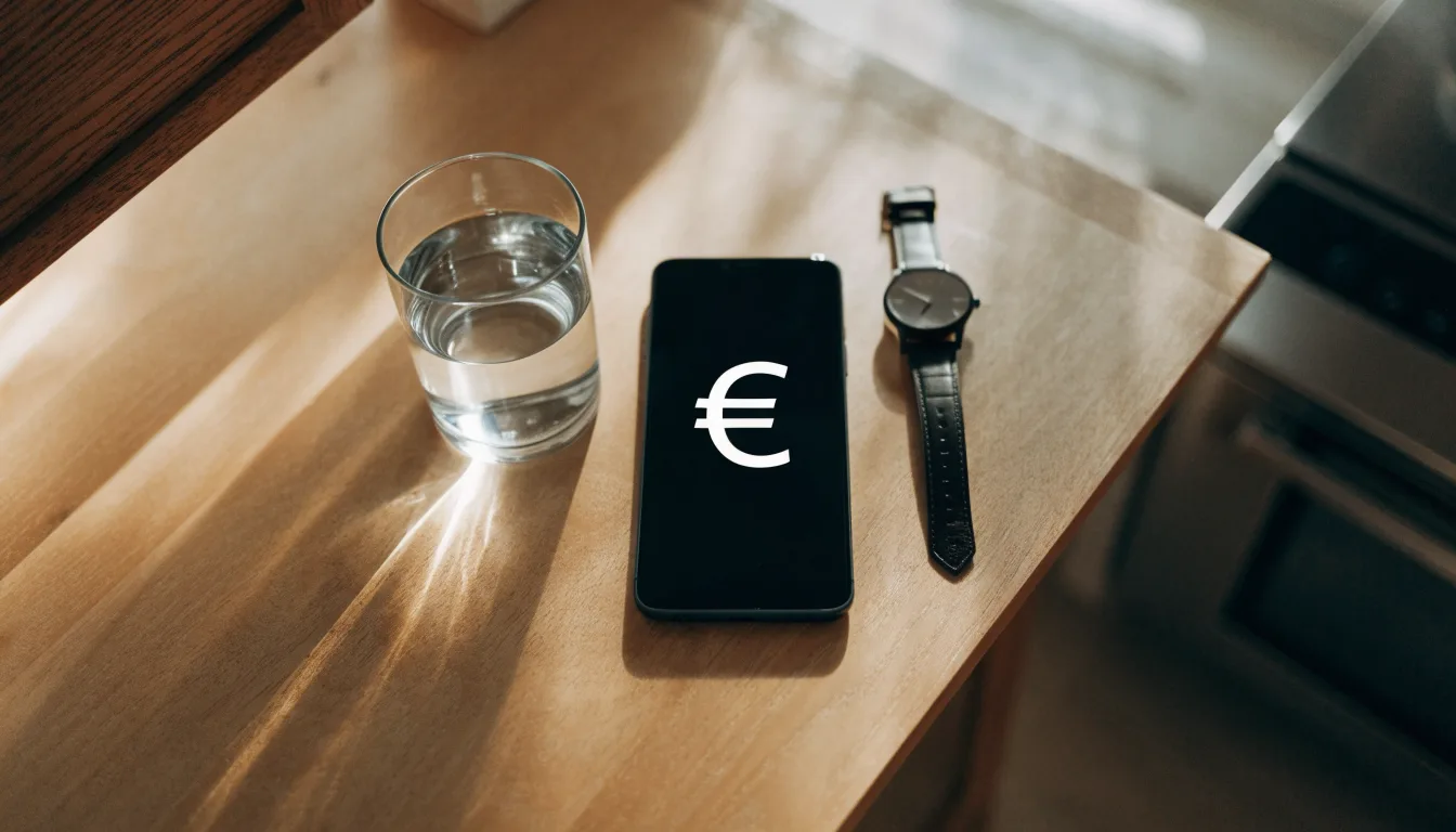 Ein Smartphone liegt mit dem Display nach unten auf einem Küchentisch, daneben stehen ein Glas Wasser und eine Armbanduhr.