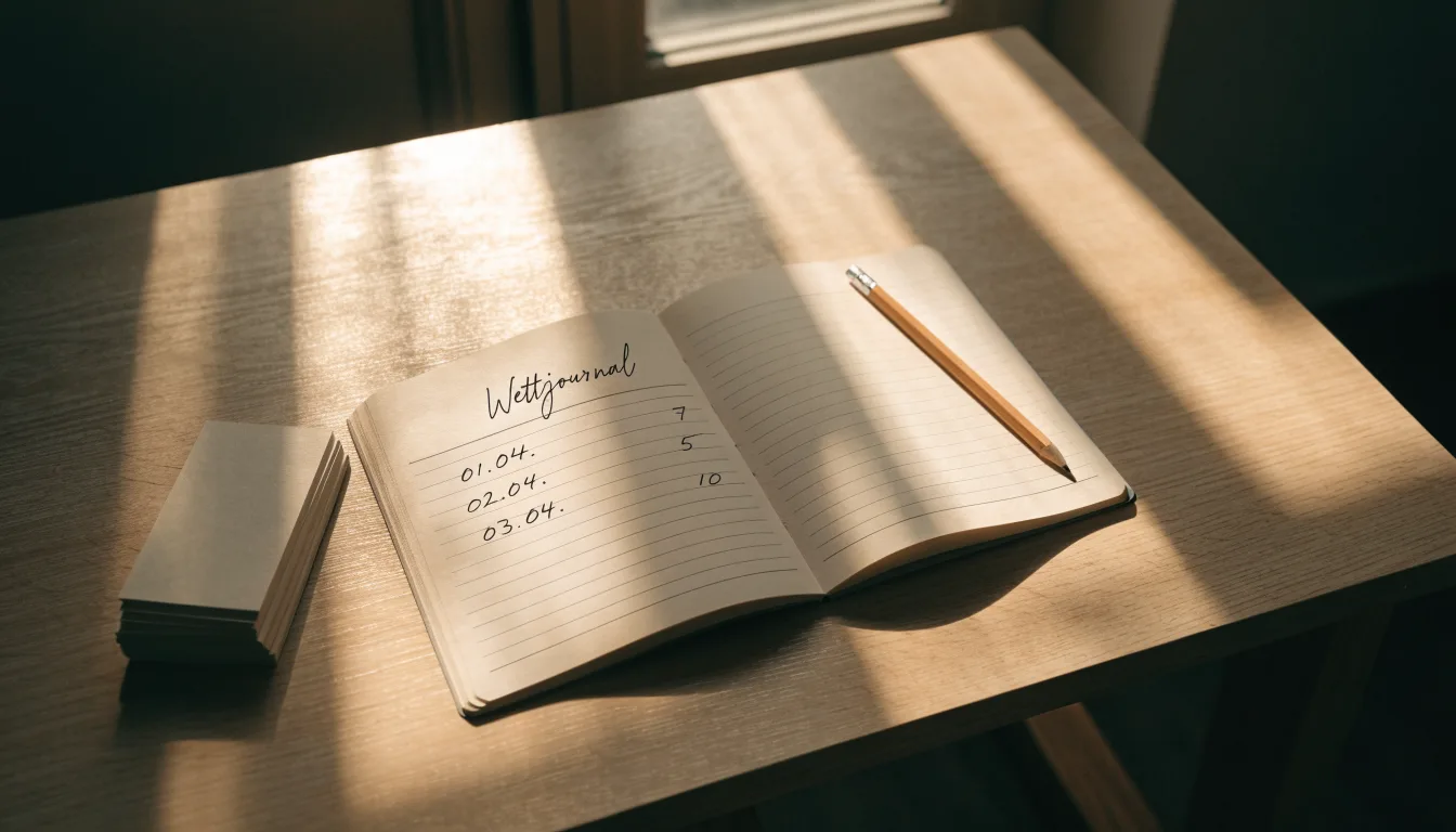 Ein Notizbuch mit handschriftlichen Notizen und ein Bleistift liegen auf einem Schreibtisch am Fenster, draußen fällt Morgenlicht herein.