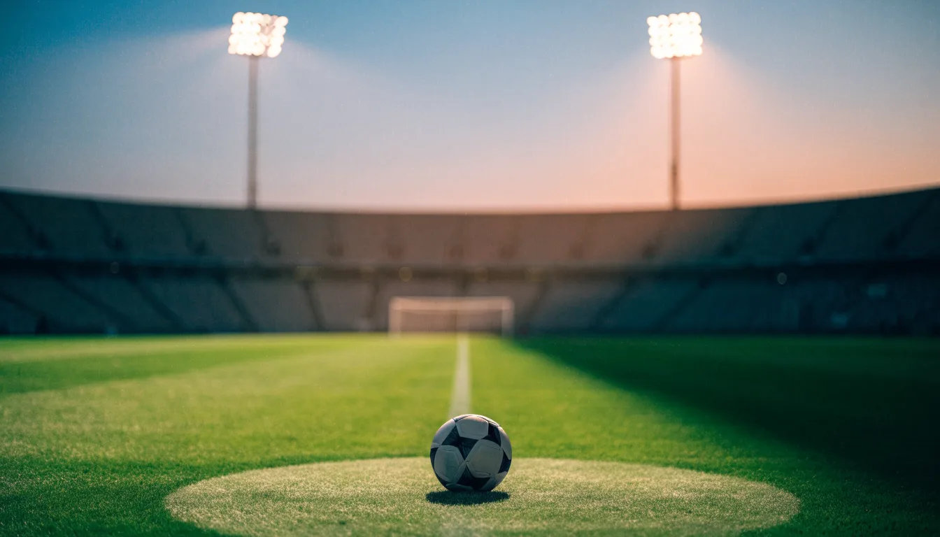 Ein Fußball liegt auf dem Anstoßpunkt eines leeren Rasenplatzes, im Hintergrund steht ein Stadion unter Flutlicht in der Dämmerung.