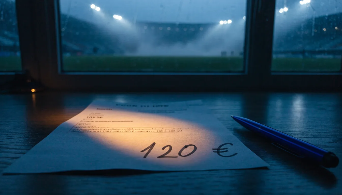 Ein Stadion unter Flutlicht, aus großer Entfernung über eine dunkle Wiese fotografiert, am Himmel zieht Nebel auf.