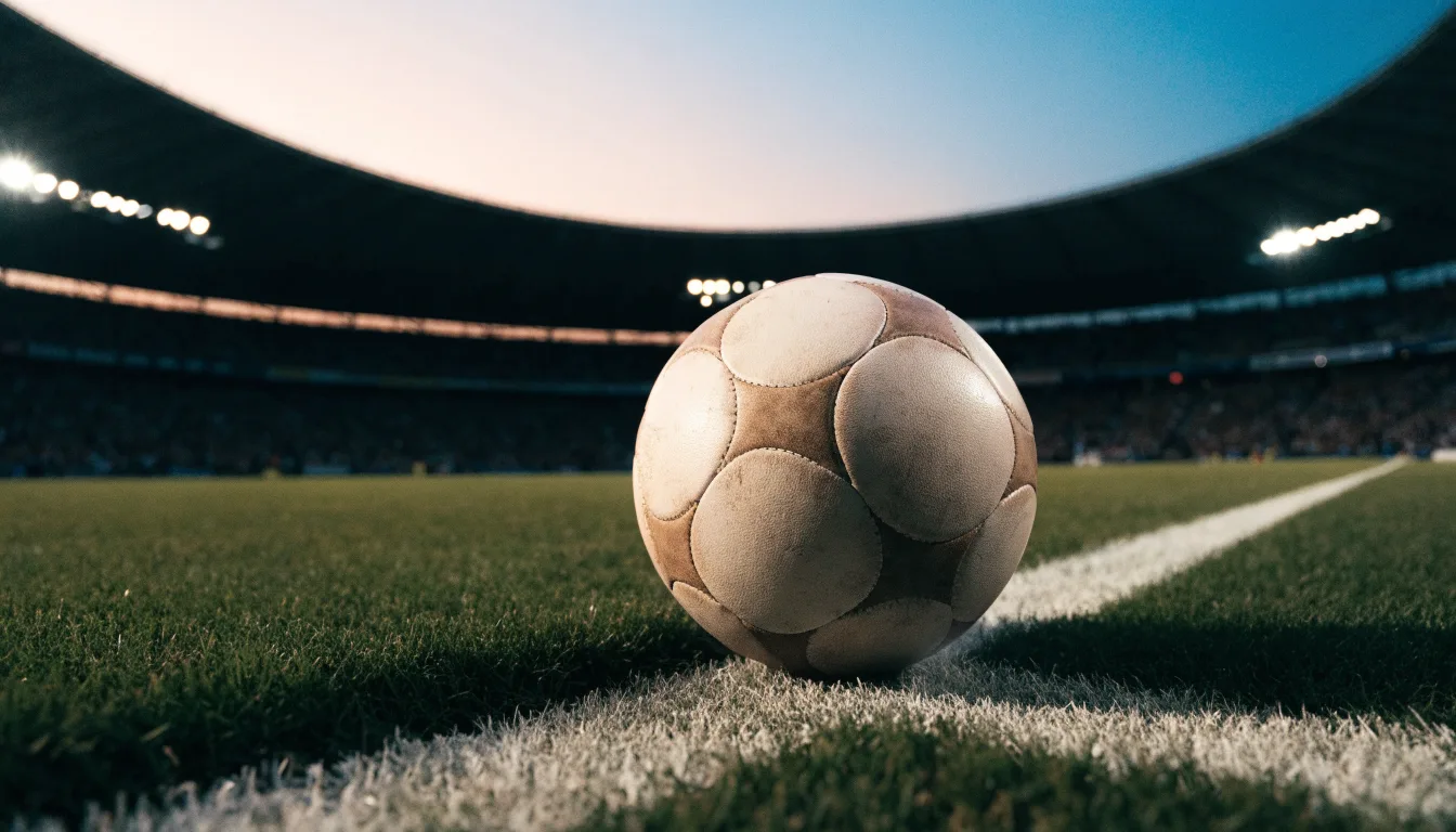 Ein Fußball liegt auf dem Rasen eines leeren Platzes, im Hintergrund ein Stadion unter Flutlicht in der Abenddämmerung.