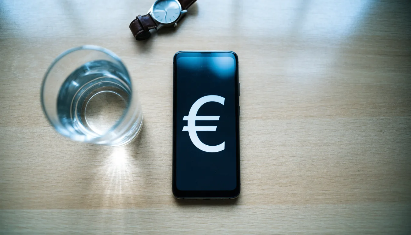 Ein Smartphone liegt mit dem Display nach unten auf einem Küchentisch, daneben stehen ein Glas Wasser und eine Armbanduhr.
