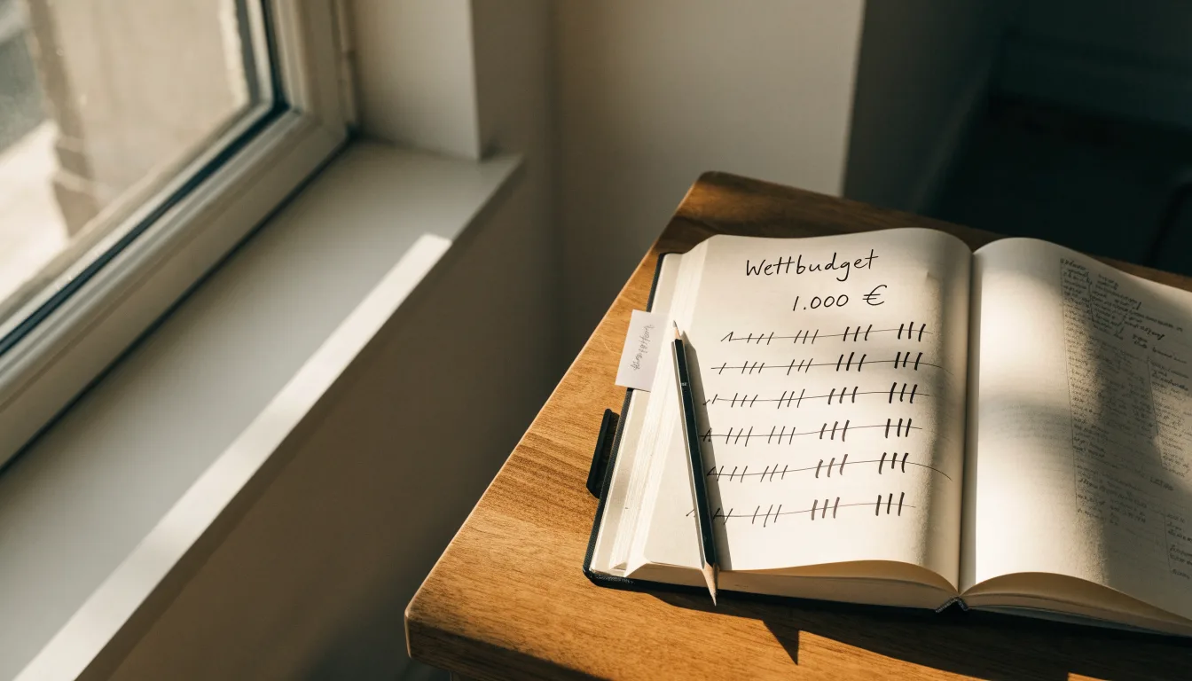 Ein Notizbuch mit handschriftlichen Notizen und ein Bleistift liegen auf einem Schreibtisch am Fenster, draußen fällt Morgenlicht herein.
