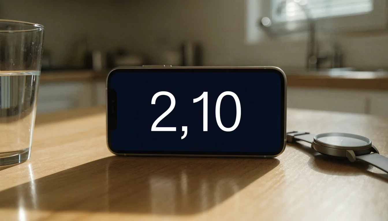 Ein Smartphone liegt mit dem Display nach unten auf einem Küchentisch, daneben stehen ein Glas Wasser und eine Armbanduhr.