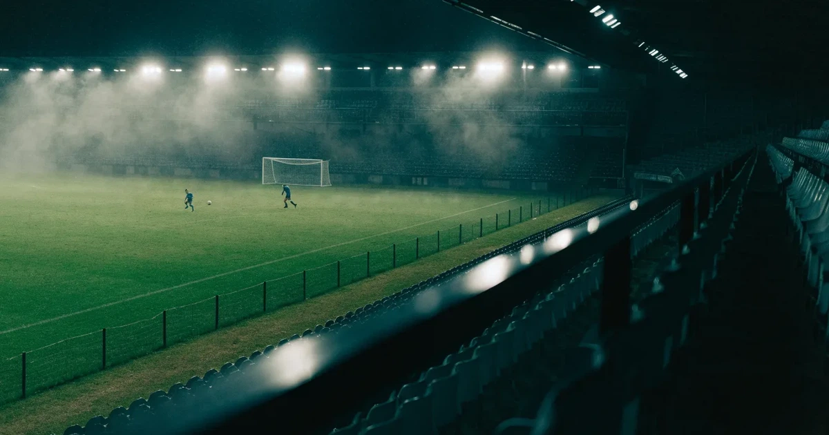 Ein Stadion unter Flutlicht, aus großer Entfernung über eine dunkle Wiese fotografiert, am Himmel zieht Nebel auf.