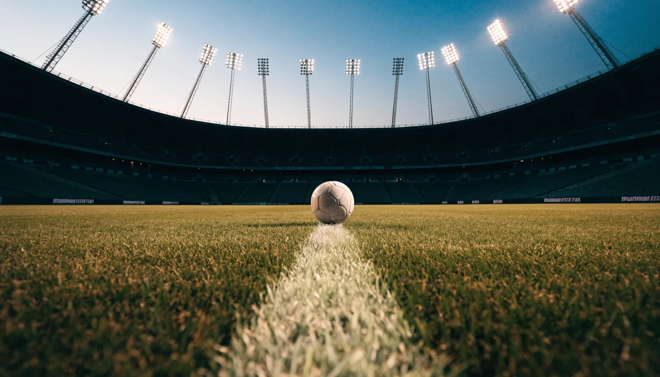 Ein Fußball liegt auf dem Anstoßpunkt eines leeren Rasenplatzes, im Hintergrund steht ein Stadion unter Flutlicht in der Dämmerung.
