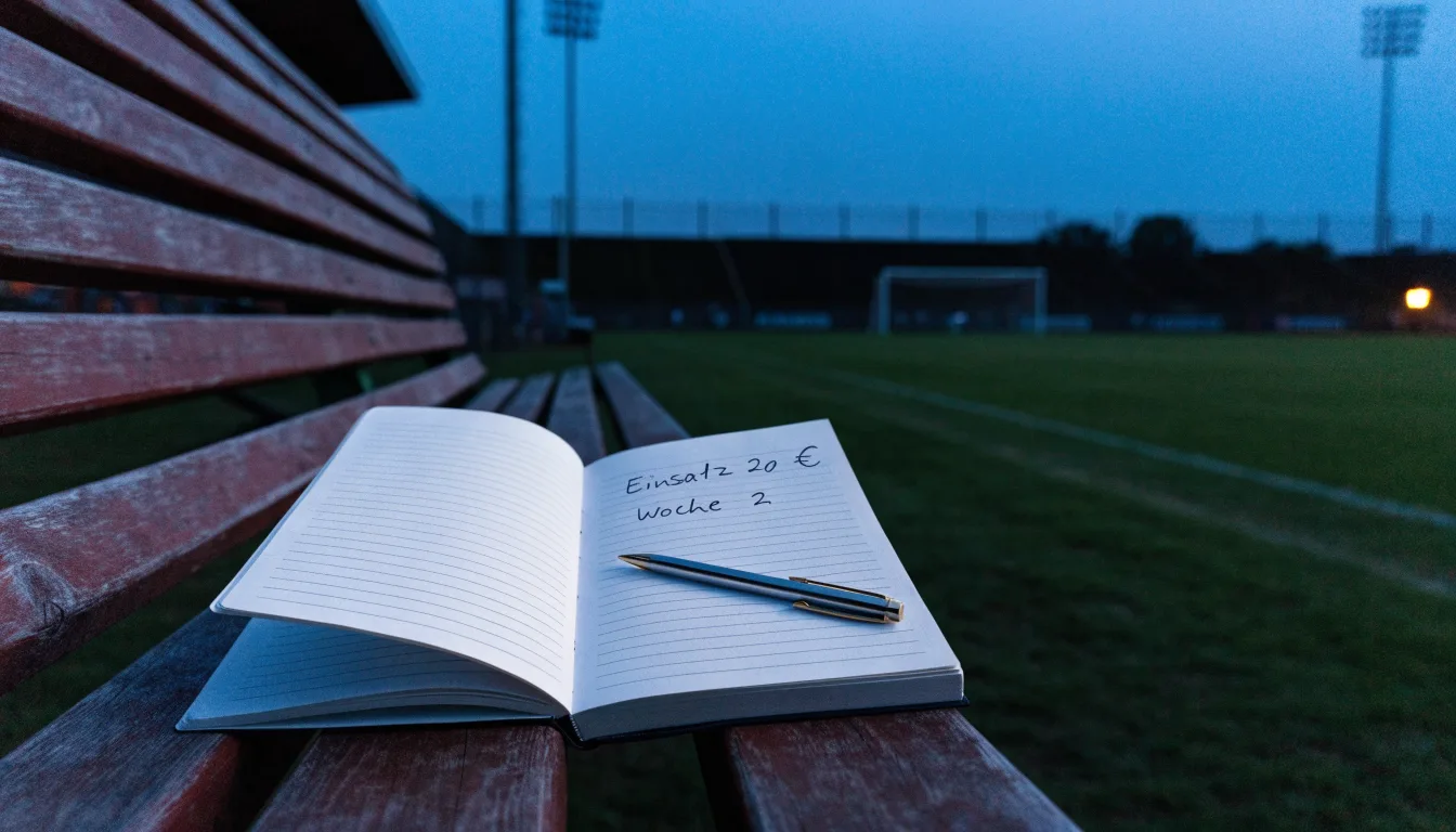 Eine leere Parkbank am Rand eines Fußballfelds in der Abenddämmerung, im Hintergrund ragen dunkle Flutlichtmasten in den Himmel.