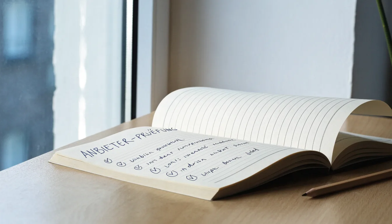Ein Notizbuch mit handschriftlichen Notizen und ein Bleistift liegen auf einem Schreibtisch am Fenster, draußen fällt Morgenlicht herein.
