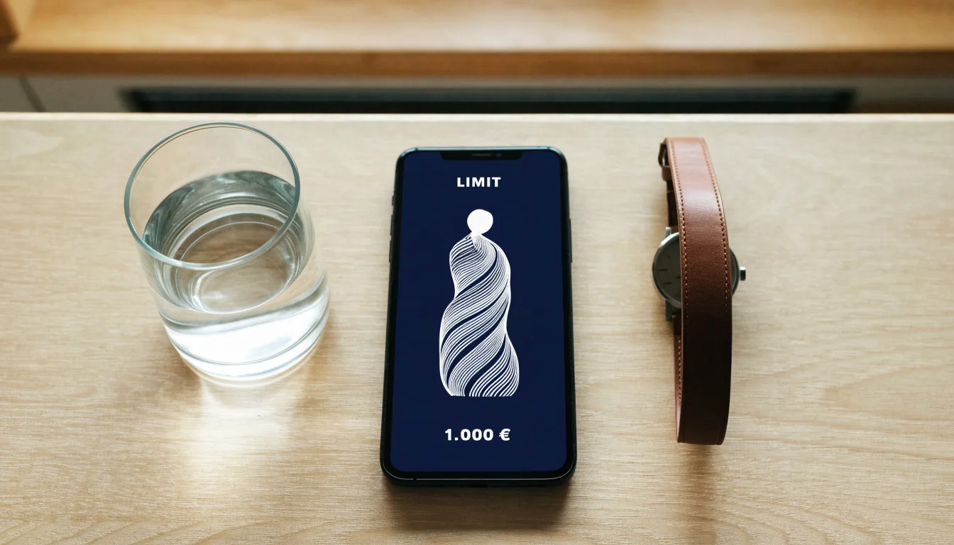 Ein Smartphone liegt mit dem Display nach unten auf einem Küchentisch, daneben stehen ein Glas Wasser und eine Armbanduhr.
