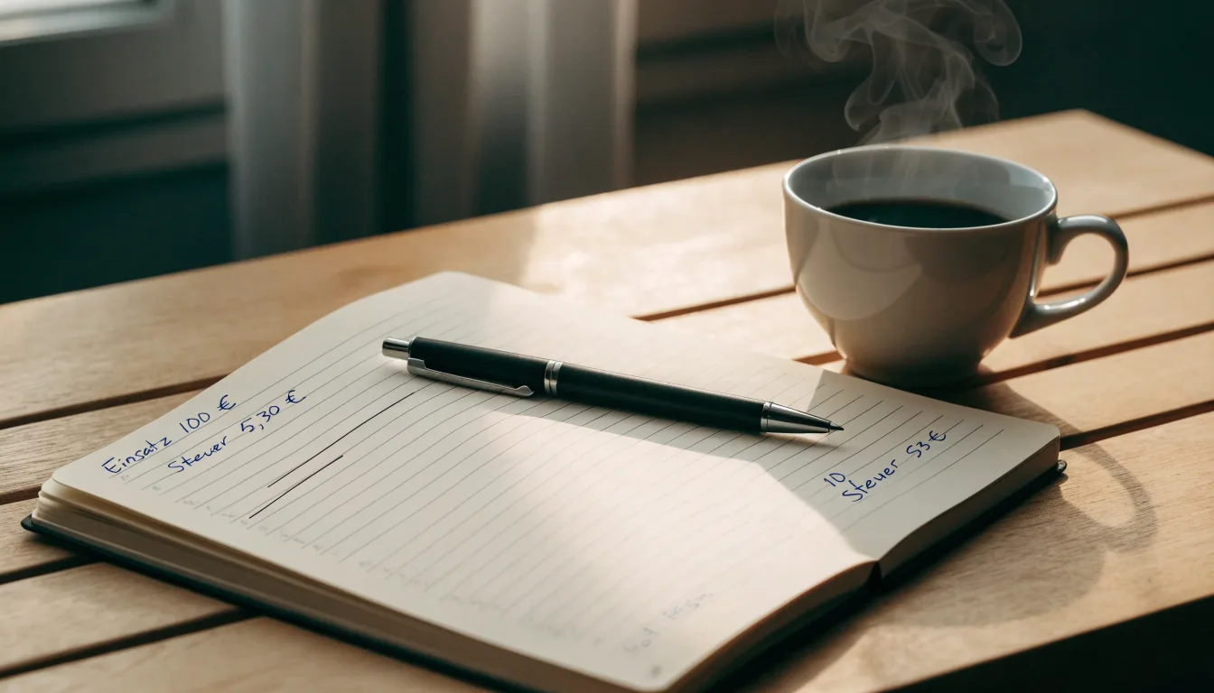 Ein Notizbuch mit handschriftlichen Rechnungen und ein Taschenrechner liegen auf einem Schreibtisch neben einer Tasse Kaffee im Licht des frühen Morgens.