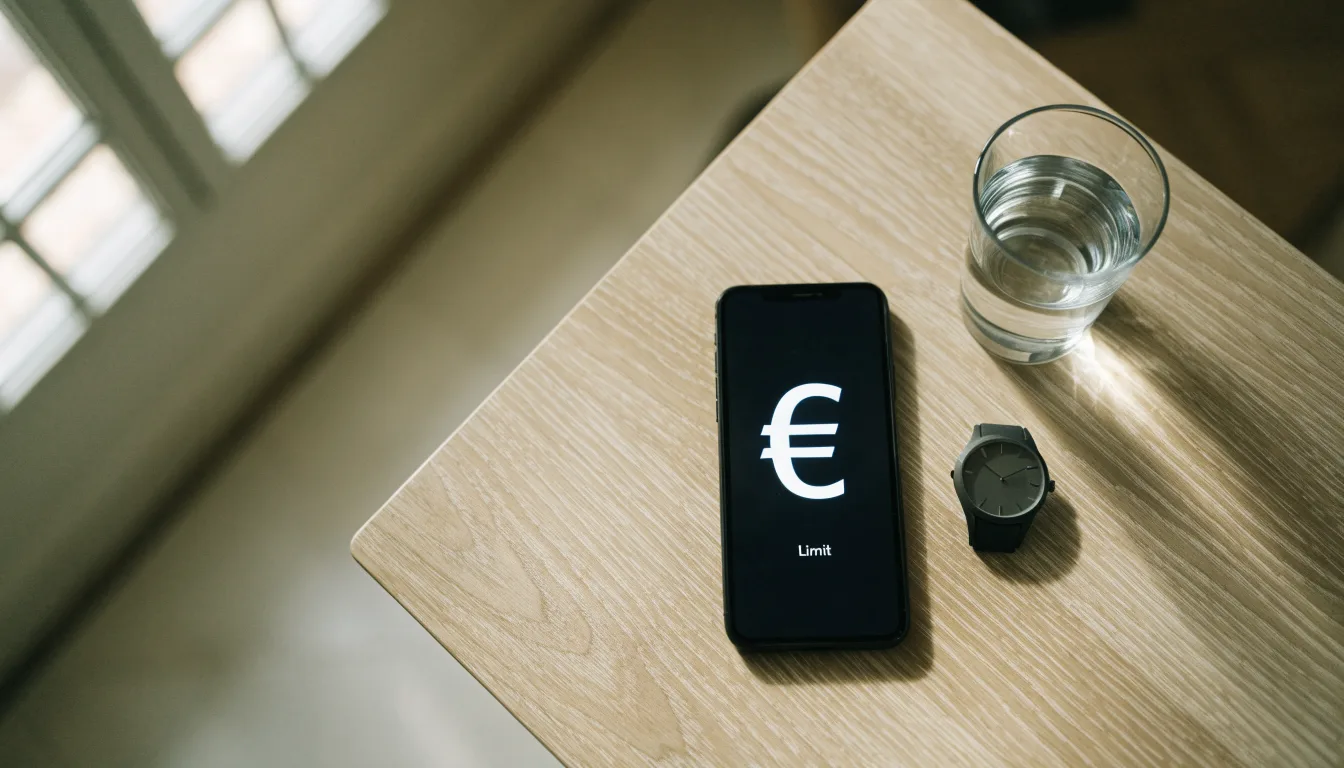 Ein Smartphone liegt mit dem Display nach unten auf einem Küchentisch, daneben stehen ein Glas Wasser und eine Armbanduhr.