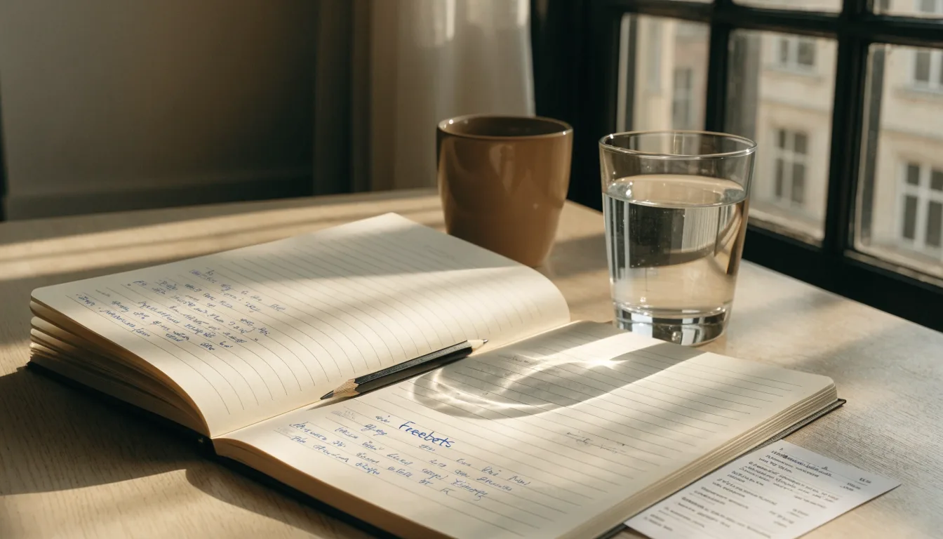 Ein Notizbuch mit handschriftlichen Notizen und ein Bleistift liegen auf einem Schreibtisch am Fenster, draußen fällt Morgenlicht herein.