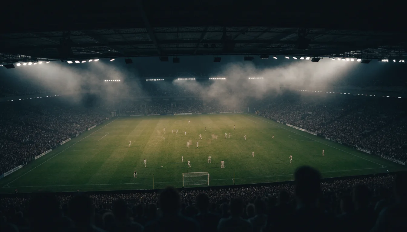 Ein Stadion unter Flutlicht, aus großer Entfernung über eine dunkle Wiese fotografiert, am Himmel zieht Nebel auf.