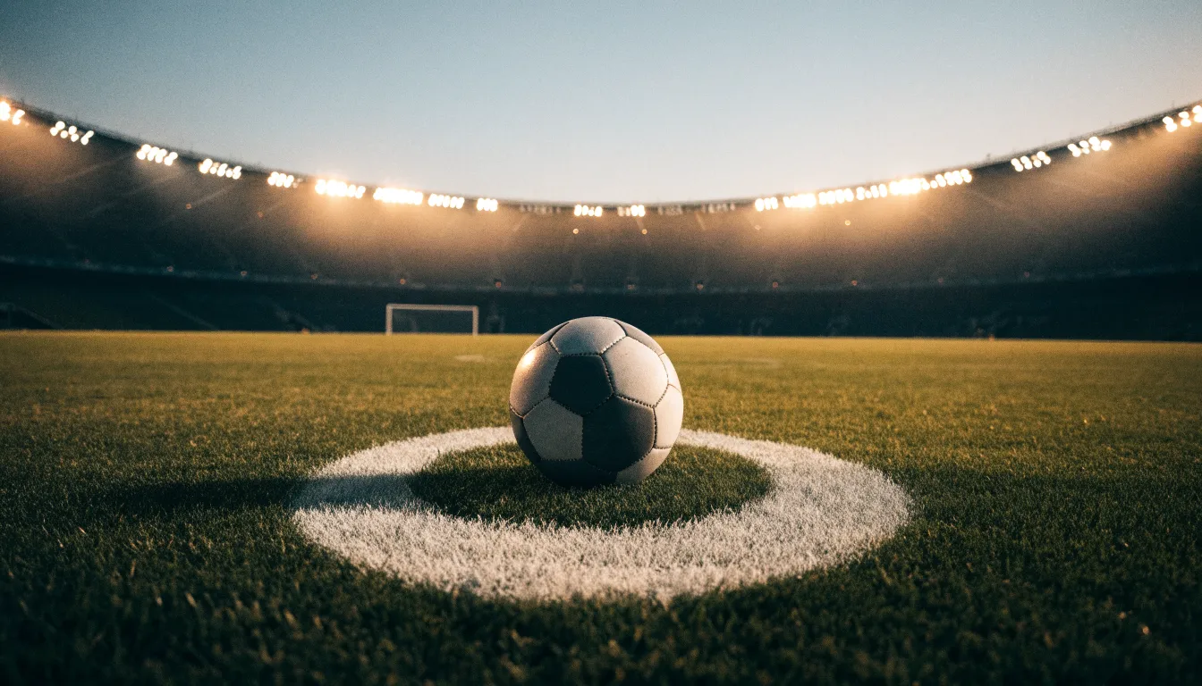 Ein Fußball liegt auf dem Anstoßpunkt eines leeren Rasenplatzes, im Hintergrund steht ein Stadion unter Flutlicht in der Dämmerung.