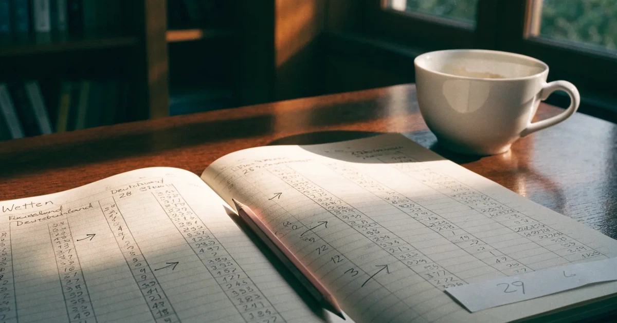 Ein Notizbuch mit handschriftlichen Notizen und Pfeilen liegt aufgeschlagen auf einem Schreibtisch, daneben ein Bleistift und eine Tasse Tee.