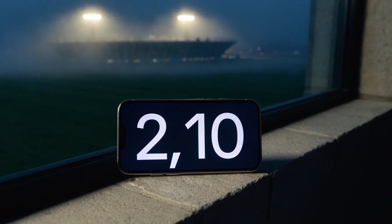 Ein Stadion unter Flutlicht, aus großer Entfernung über eine dunkle Wiese fotografiert, am Himmel zieht Nebel auf.