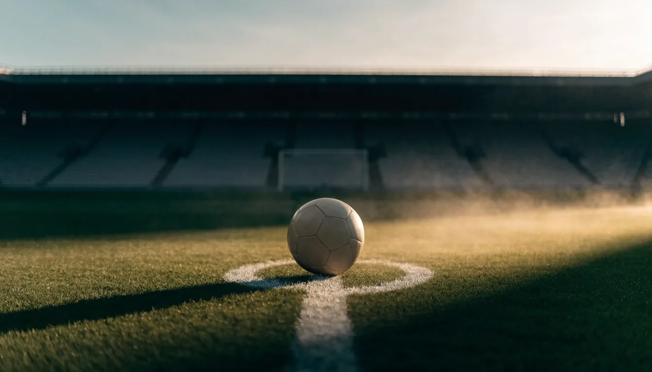 Ein Fußball liegt auf dem Anstoßpunkt eines leeren Rasenplatzes in der Morgendämmerung, im Hintergrund eine leere Tribüne.