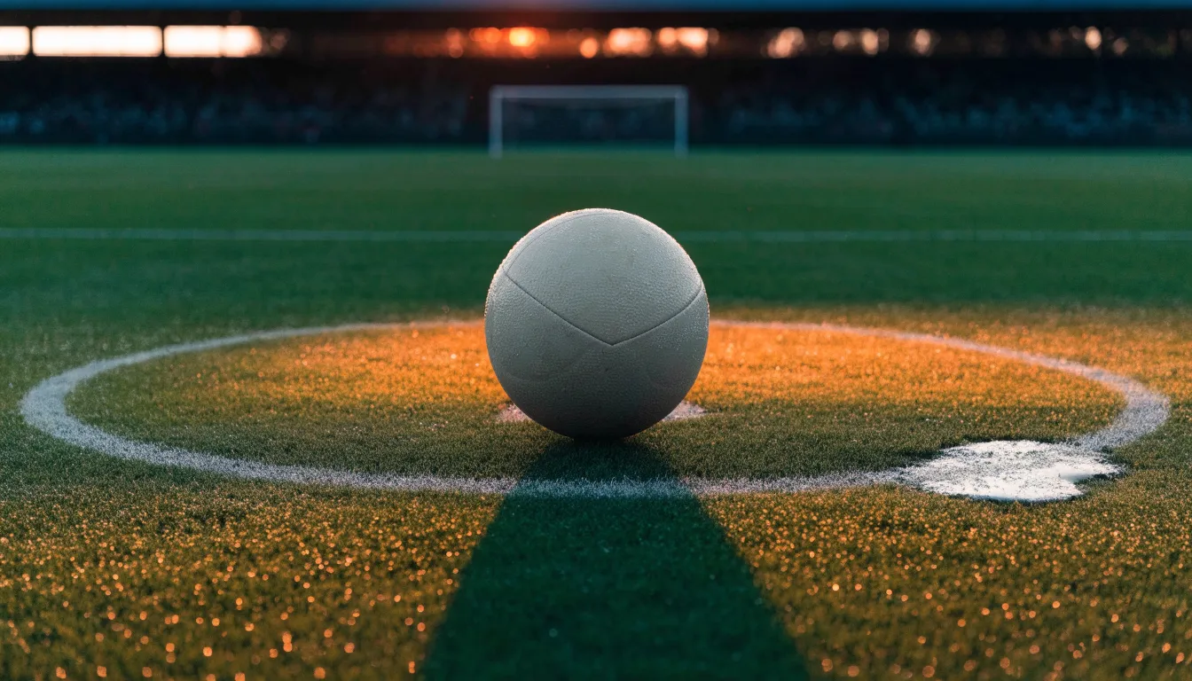 Ein Fußball ruht auf dem Mittelkreis eines leeren Rasenplatzes in der Morgendämmerung, Tau liegt auf dem Gras.