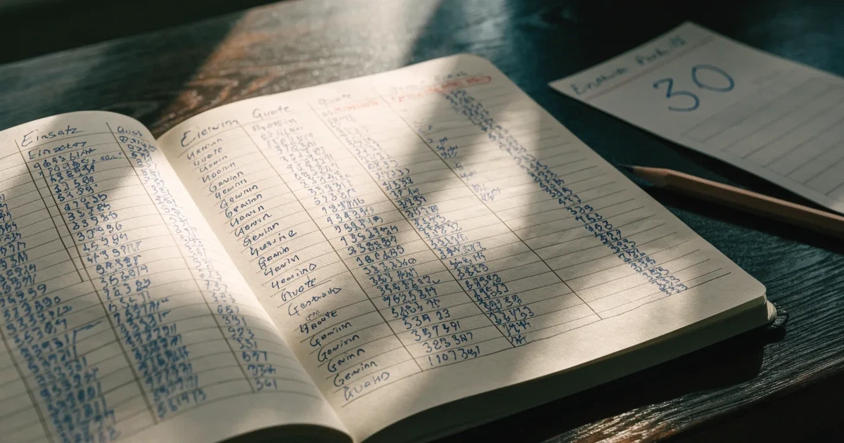 Ein Notizbuch mit handschriftlichen Spalten und Strichlisten liegt neben einem Taschenrechner und einem Bleistift auf einem Schreibtisch.