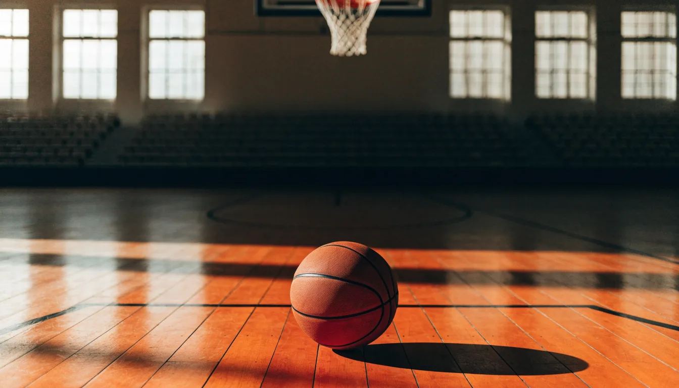 Ein Basketball liegt auf dem Hallenboden unter einem Korb, das Netz hängt ruhig, Morgenlicht fällt durch hohe Fenster.
