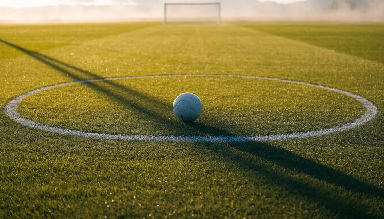 Ein Fußball liegt auf dem Anstoßkreis eines leeren Rasenplatzes im Licht der Morgensonne.