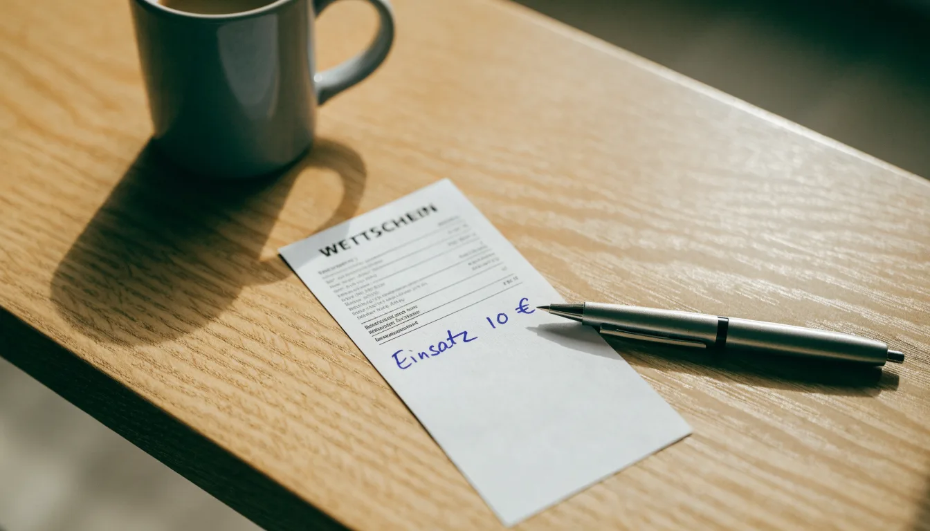 Ein leerer Wettschein aus Papier liegt neben einem Kugelschreiber und einer Tasse auf einem hellen Holztisch.