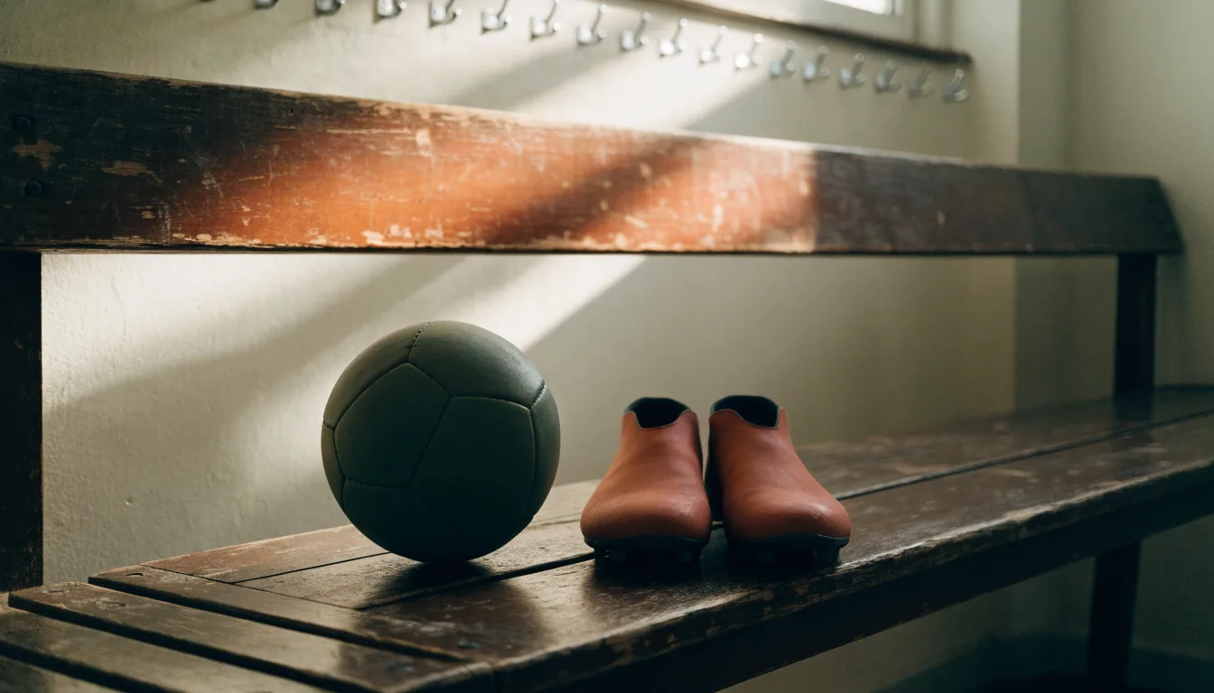 Ein Fußball liegt neben einem Paar Fußballschuhen ohne Markenzeichen auf einer Holzbank in einer leeren Umkleide.