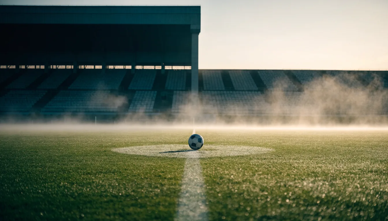 Ein Fußball liegt auf dem Anstoßpunkt eines leeren Rasenplatzes in der Morgendämmerung, im Hintergrund eine leere Tribüne.