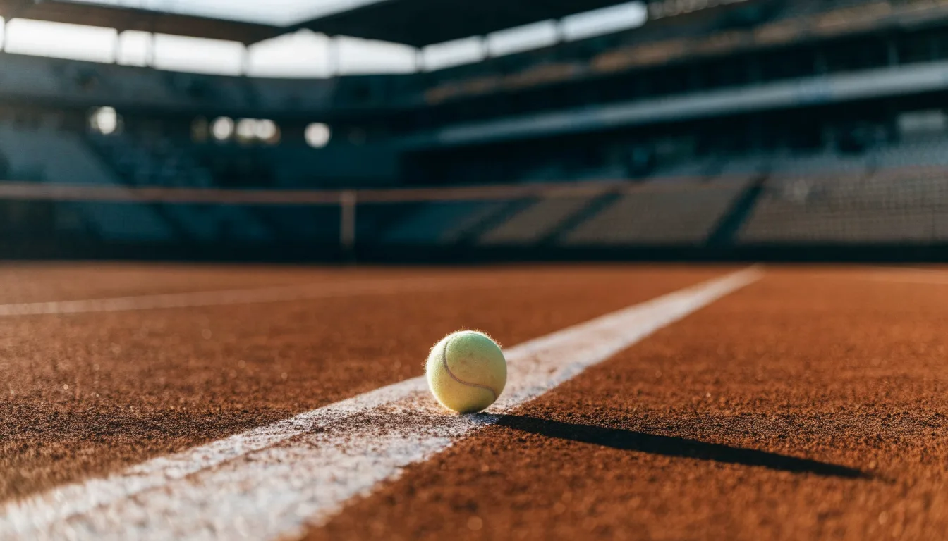 Ein einzelner Tennisball liegt auf rotem Sand neben einer weißen Linie, geringe Schärfentiefe.