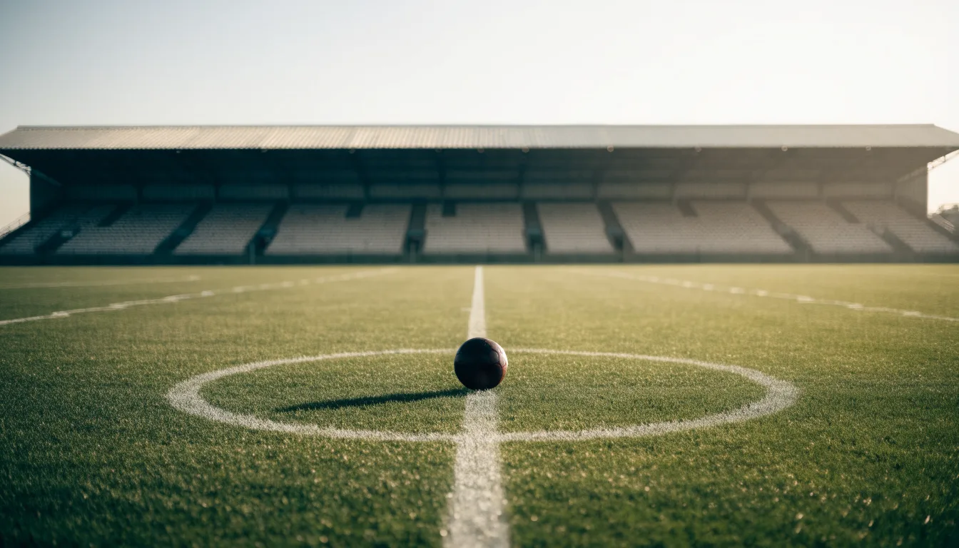 Ein Fußball liegt auf dem Anstoßpunkt eines leeren Rasenplatzes im frühen Morgenlicht, dahinter eine leere Tribüne.