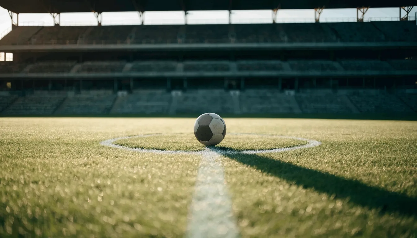 Ein Fußball liegt auf dem Anstoßpunkt eines leeren Rasenplatzes im frühen Morgenlicht, dahinter eine leere Tribüne.