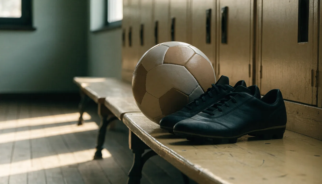 Ein Fußball liegt auf einer Holzbank in einer leeren Umkleide neben einem Paar Fußballschuhen ohne Markenzeichen.