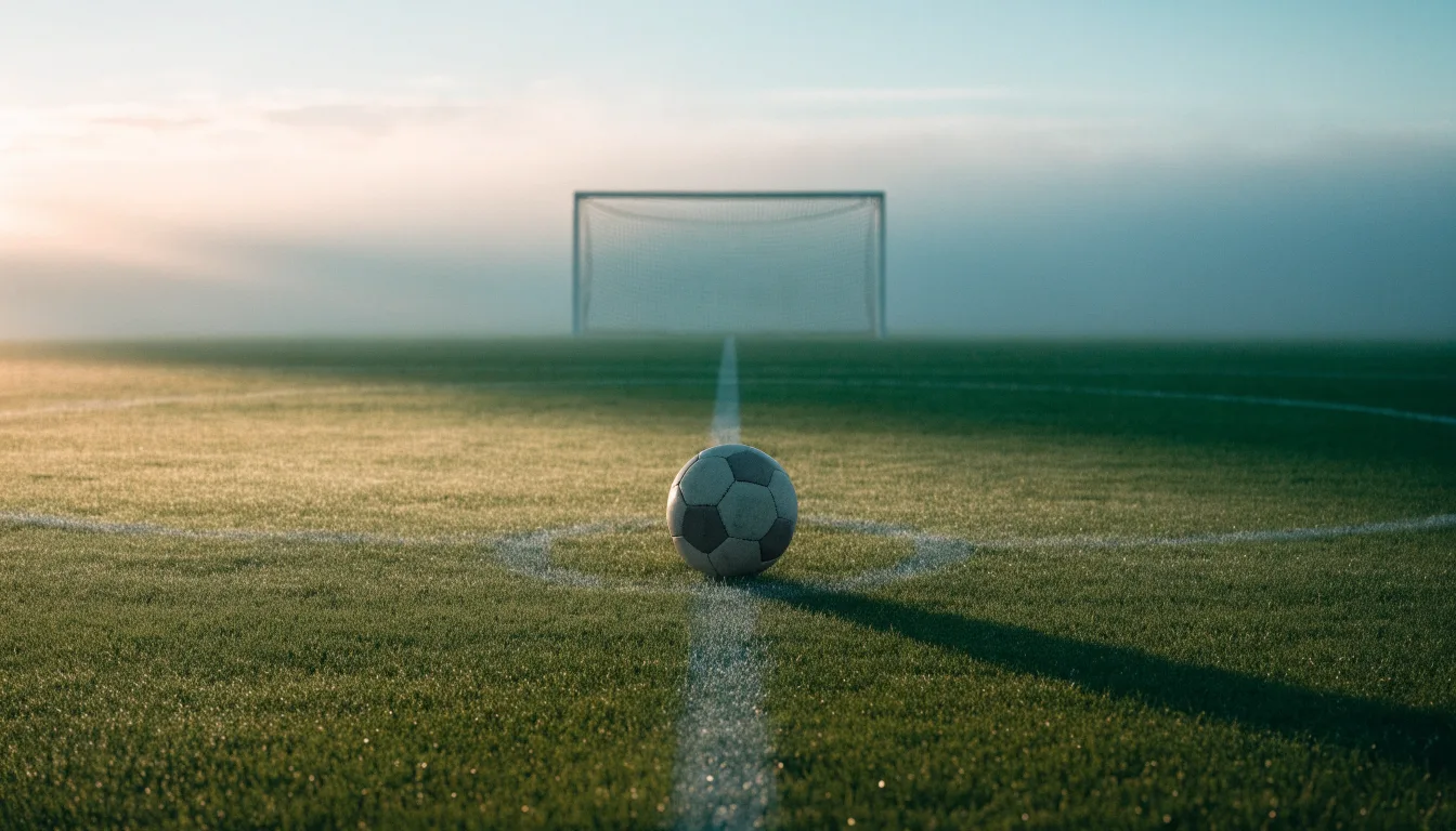 Ein Fußball ruht auf dem Mittelkreis eines leeren Rasenplatzes in der Morgendämmerung, Tau liegt auf dem Gras.