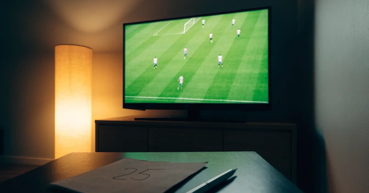 Ein Stadion bei Nacht unter Flutlicht aus der Ferne gesehen, der Rasen ist hell erleuchtet, keine erkennbaren Personen.