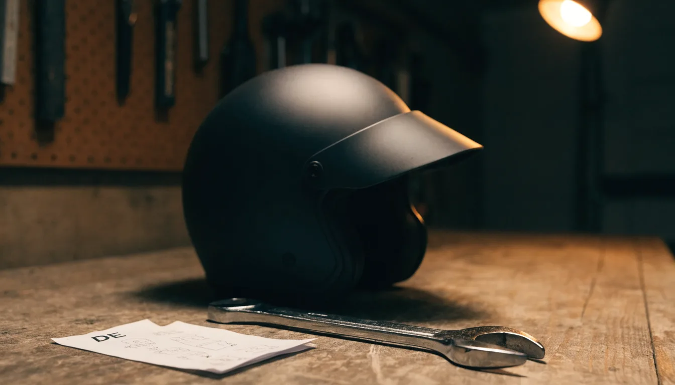 Ein schwarzer Motorradhelm ohne Aufdruck liegt auf einer Werkbank neben einem Schraubenschlüssel, warmes Licht einer Werkstatt.
