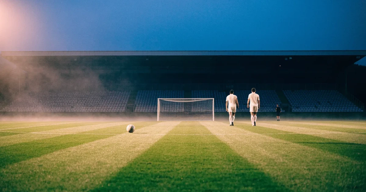 Ein Fußballplatz mit frisch gemähtem Rasen im Abendlicht, ein Ball liegt im Strafraum, im Hintergrund unscharf eine leere Tribüne.