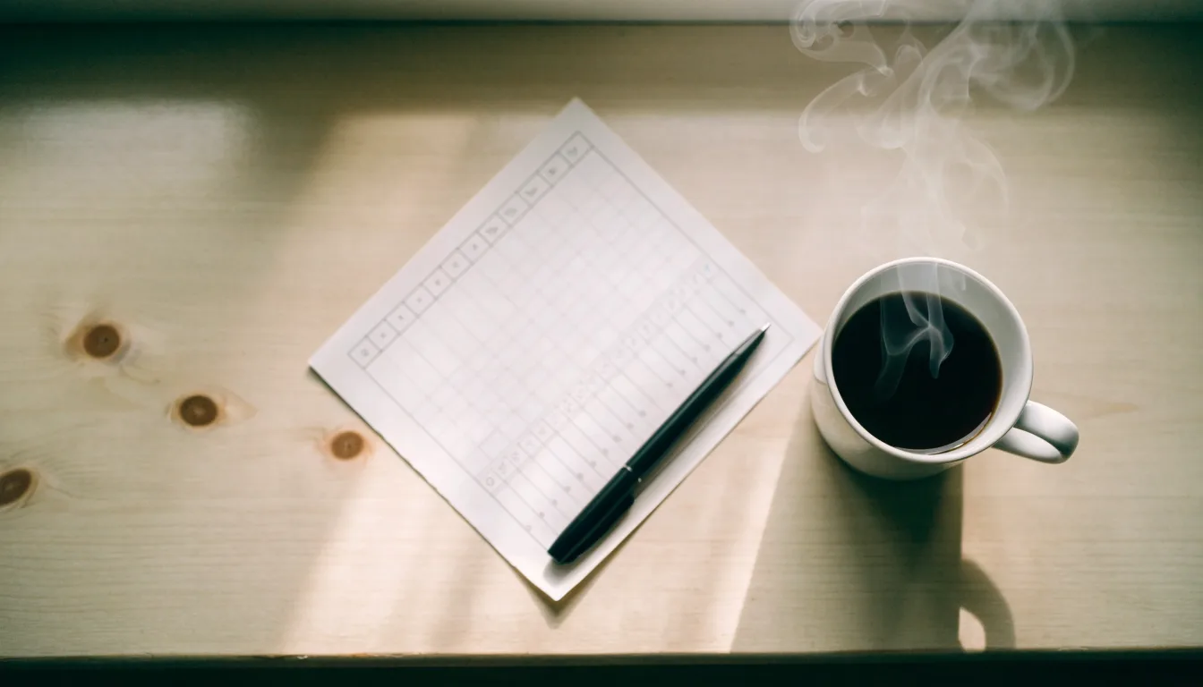 Ein leerer Wettschein aus Papier liegt neben einem Kugelschreiber und einer Tasse Kaffee auf einem Holztisch, Aufnahme von oben.