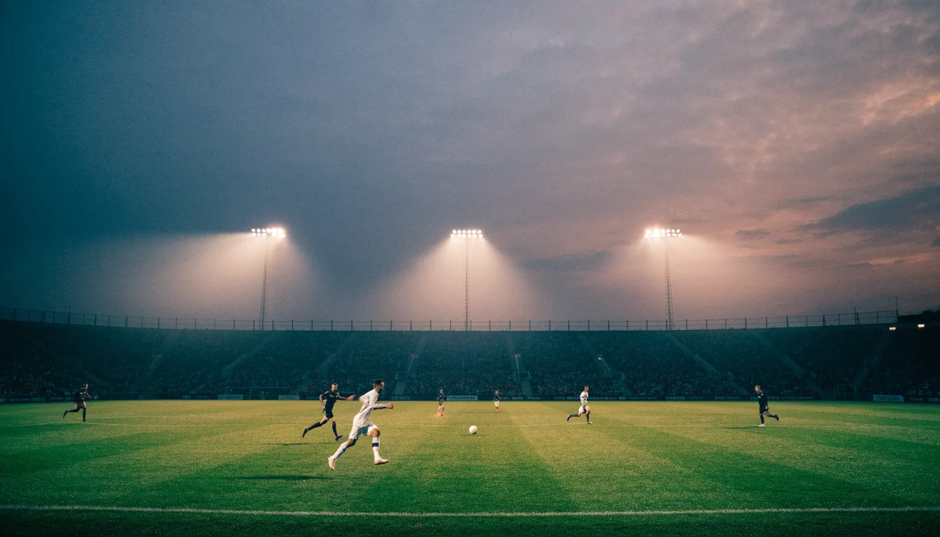 Ein großes Stadion unter Flutlicht, aus der Ferne über eine dunkle Wiese gesehen, die Lichtmasten spiegeln sich im Dunst der Abenddämmerung.