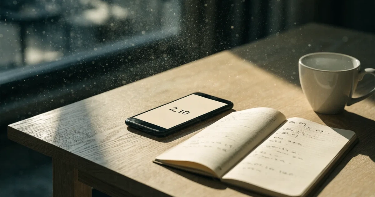 Ein Smartphone mit dunklem Display liegt neben einem Notizbuch mit handschriftlichen Notizen auf einem hellen Holztisch, daneben eine Tasse Kaffee im Morgenlicht.