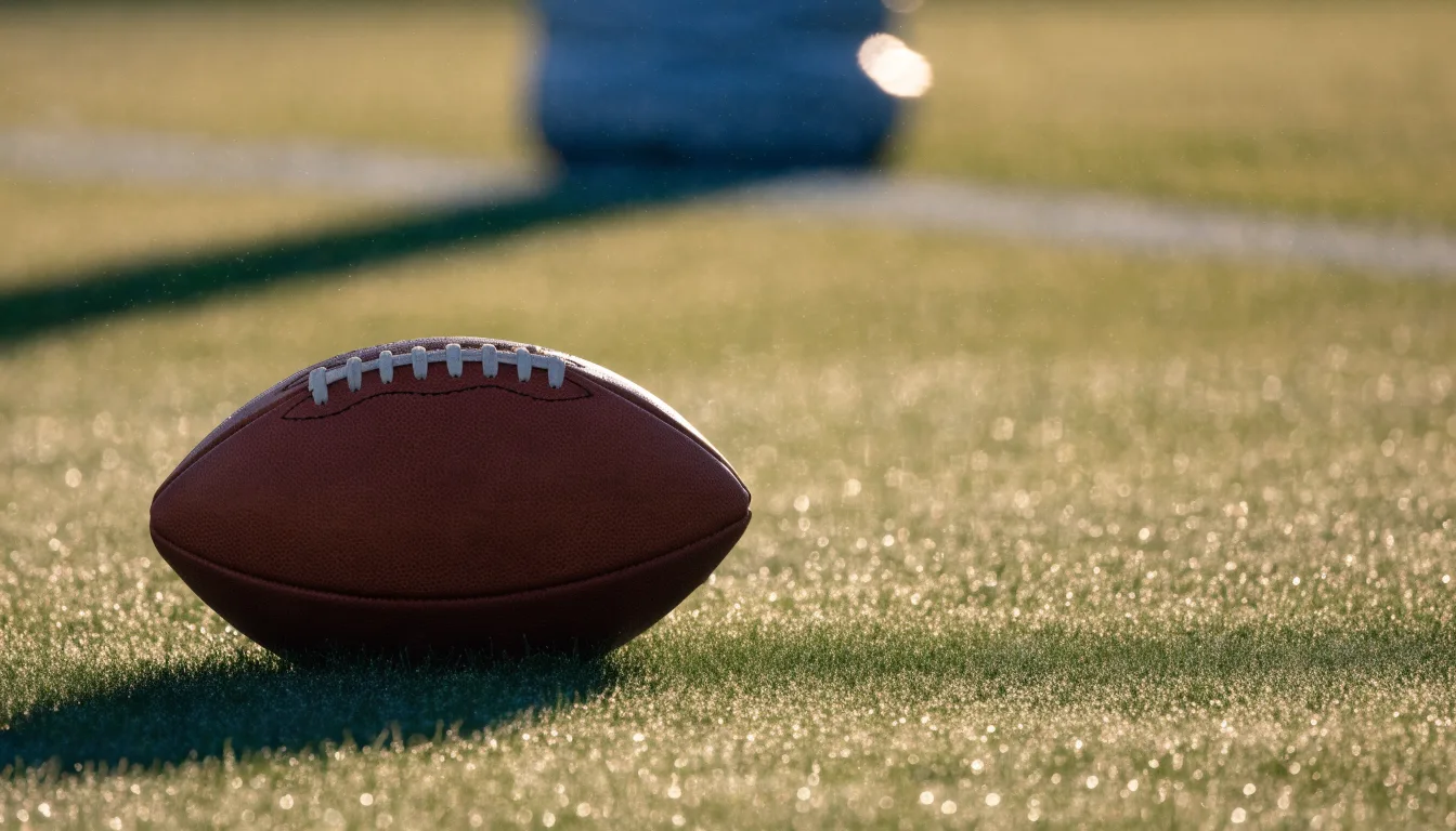 Ein ovaler Lederball mit heller Schnürung liegt auf dem Rasen vor der Endzone, Tau auf dem Gras im ersten Morgenlicht.