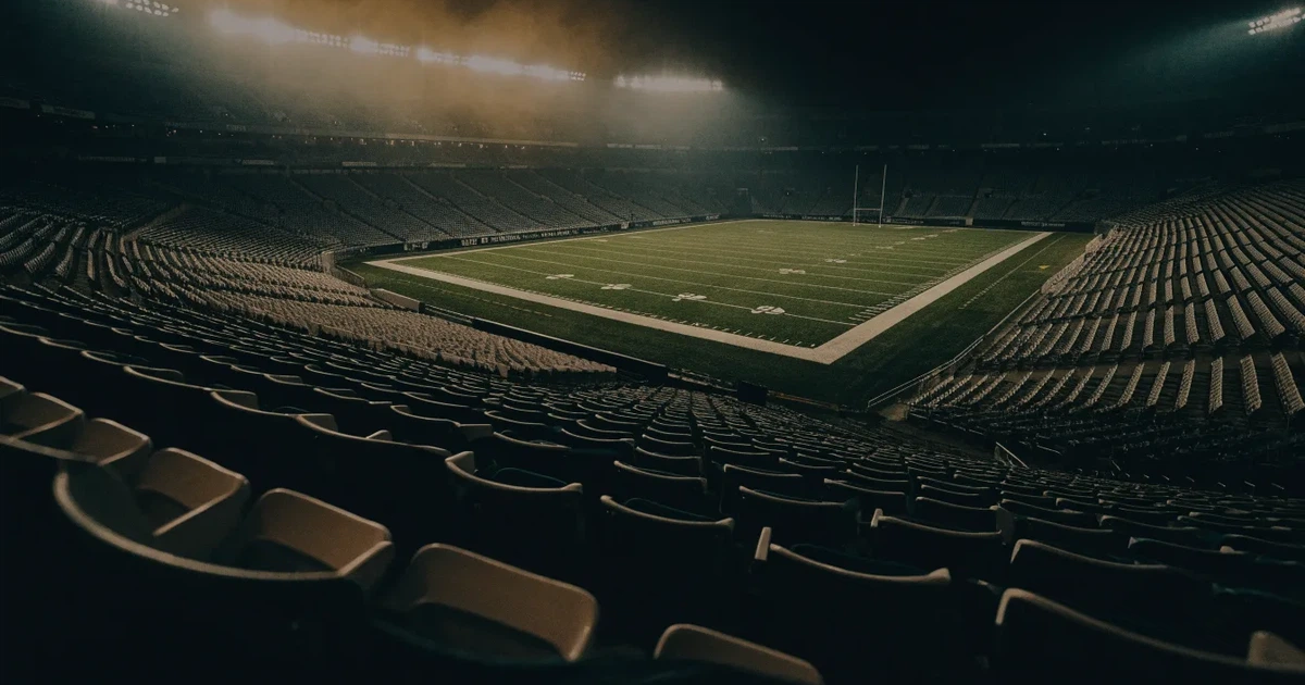 Ein American-Football-Feld mit weißen Yardlinien im Flutlicht, von einer hohen Tribüne aus gesehen, die Ränge leer, Zahlen nicht erkennbar.